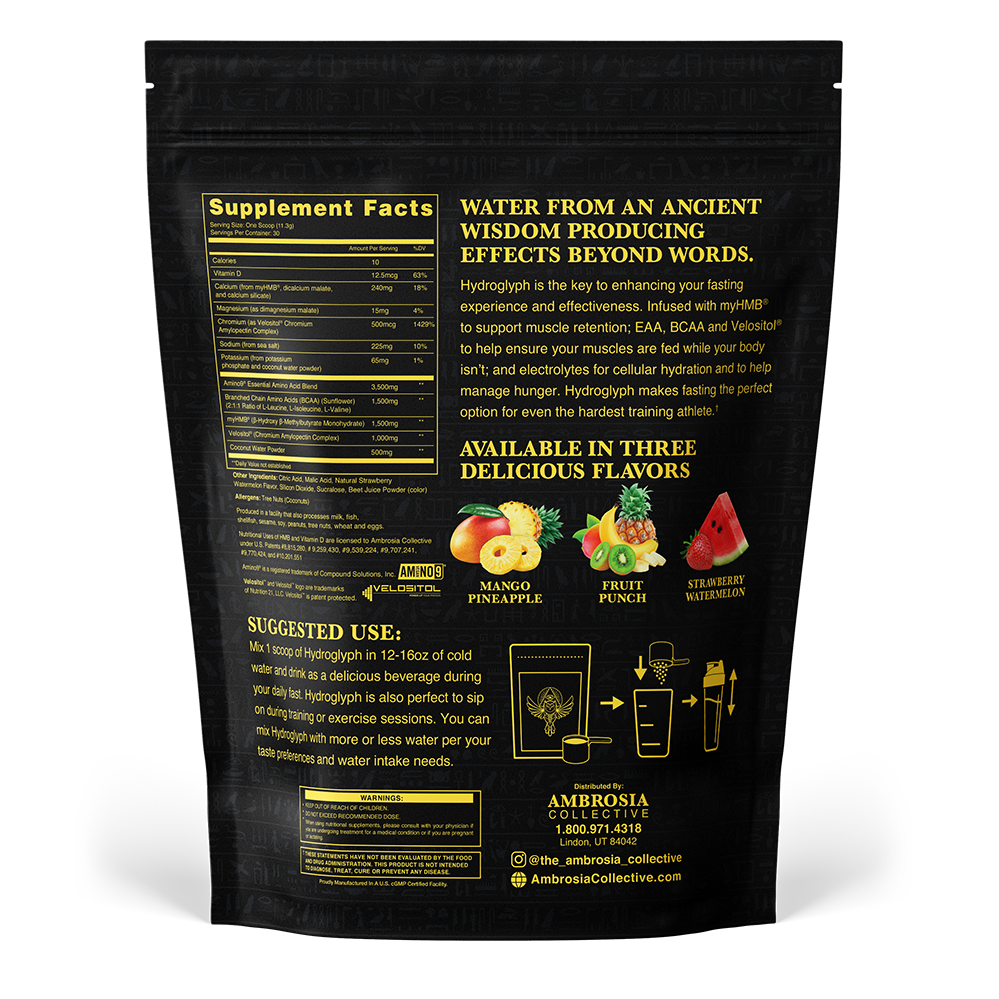 Hydroglyph fasting formula and hydration - strawberry watermellon natural flavor. gluten free, soy free, vegan friendly, zero sugar. 30 servings. Dietary supplement. Net weight 339g, 0.75 lbs.