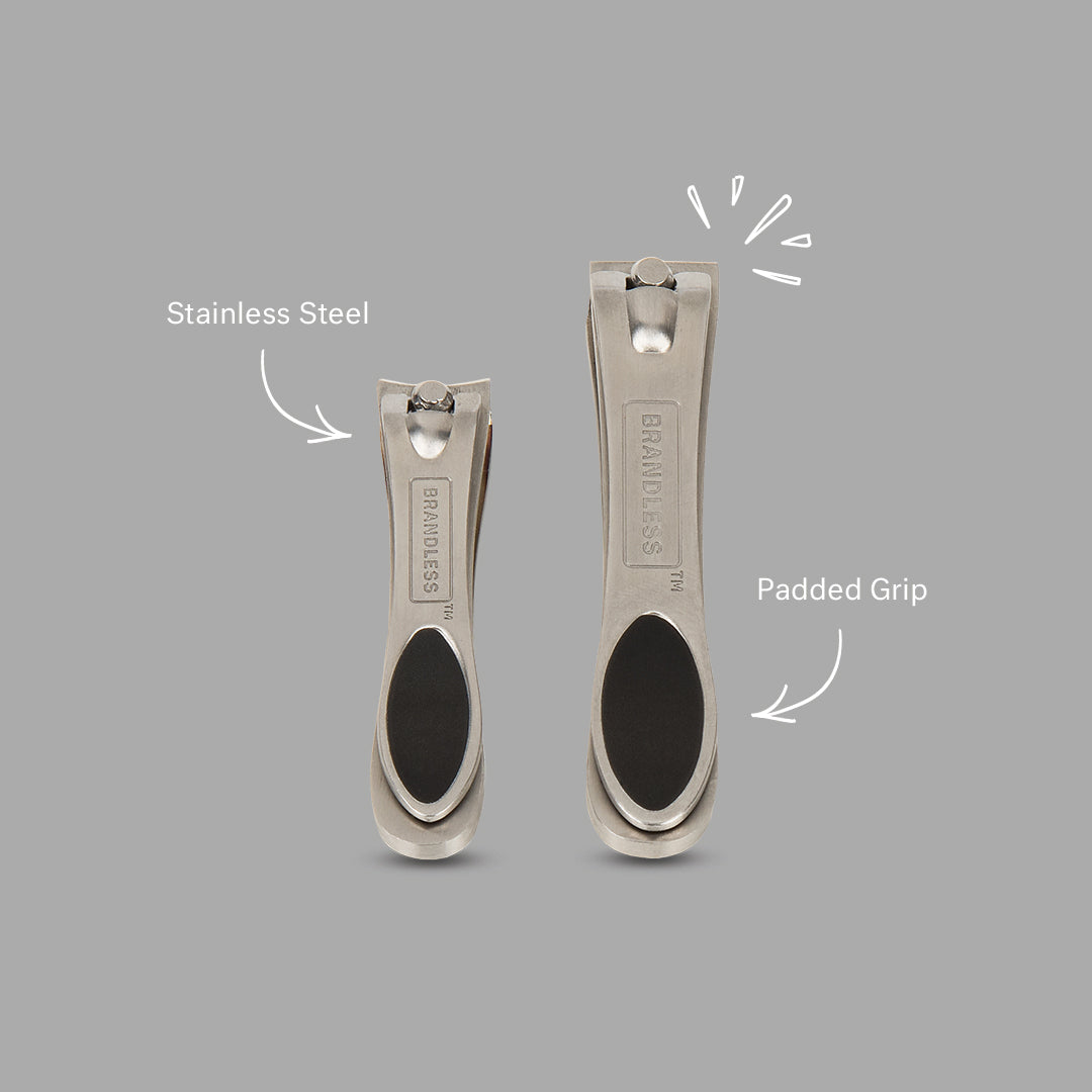 Photo showing finger and toe-sized nail clippers with callout arrows for stainless steel construction and padded grips.