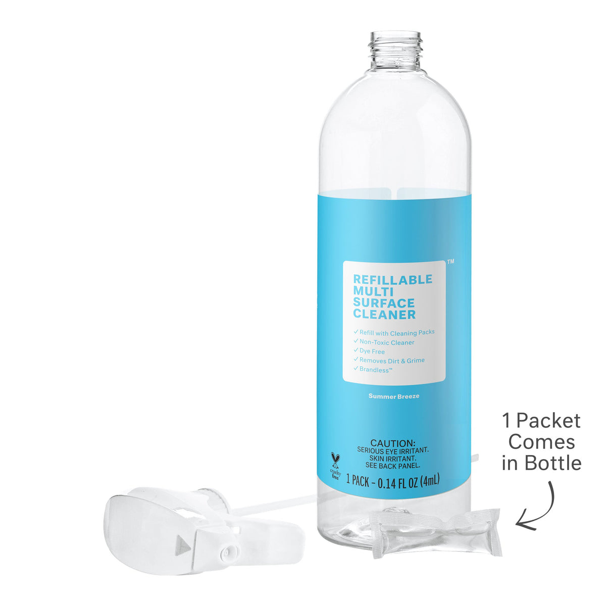 Multi surface cleaner bottle front view with visual of refill packet