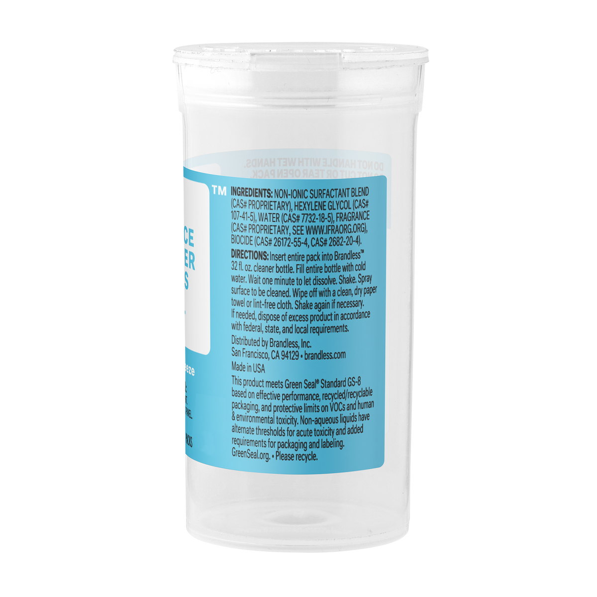 Back of multi-surface cleaner refill container