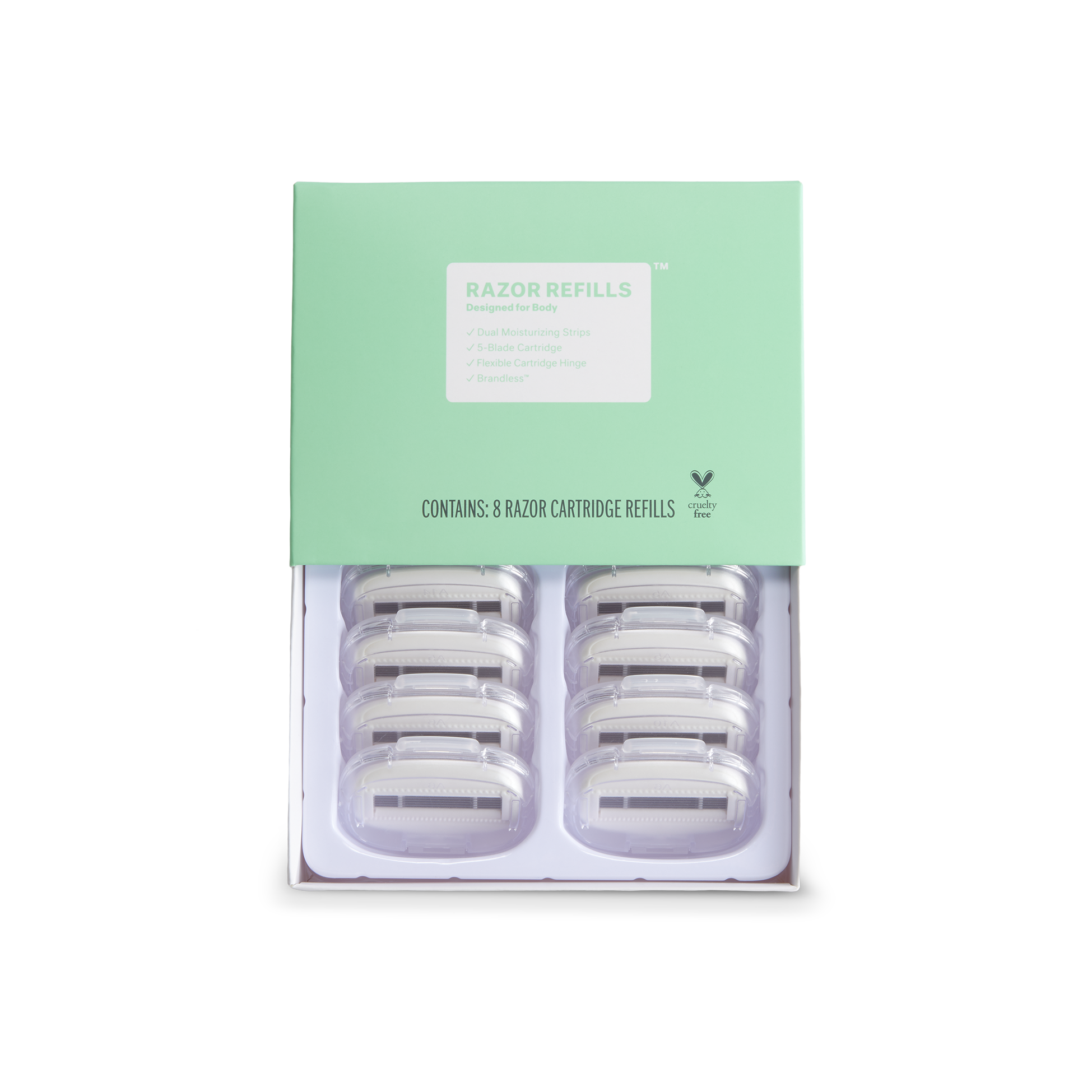 Product photo, top view with box partially open, Razor refills, designed for body. Contains 8 razor cartridge refills. Cruelty free icon.