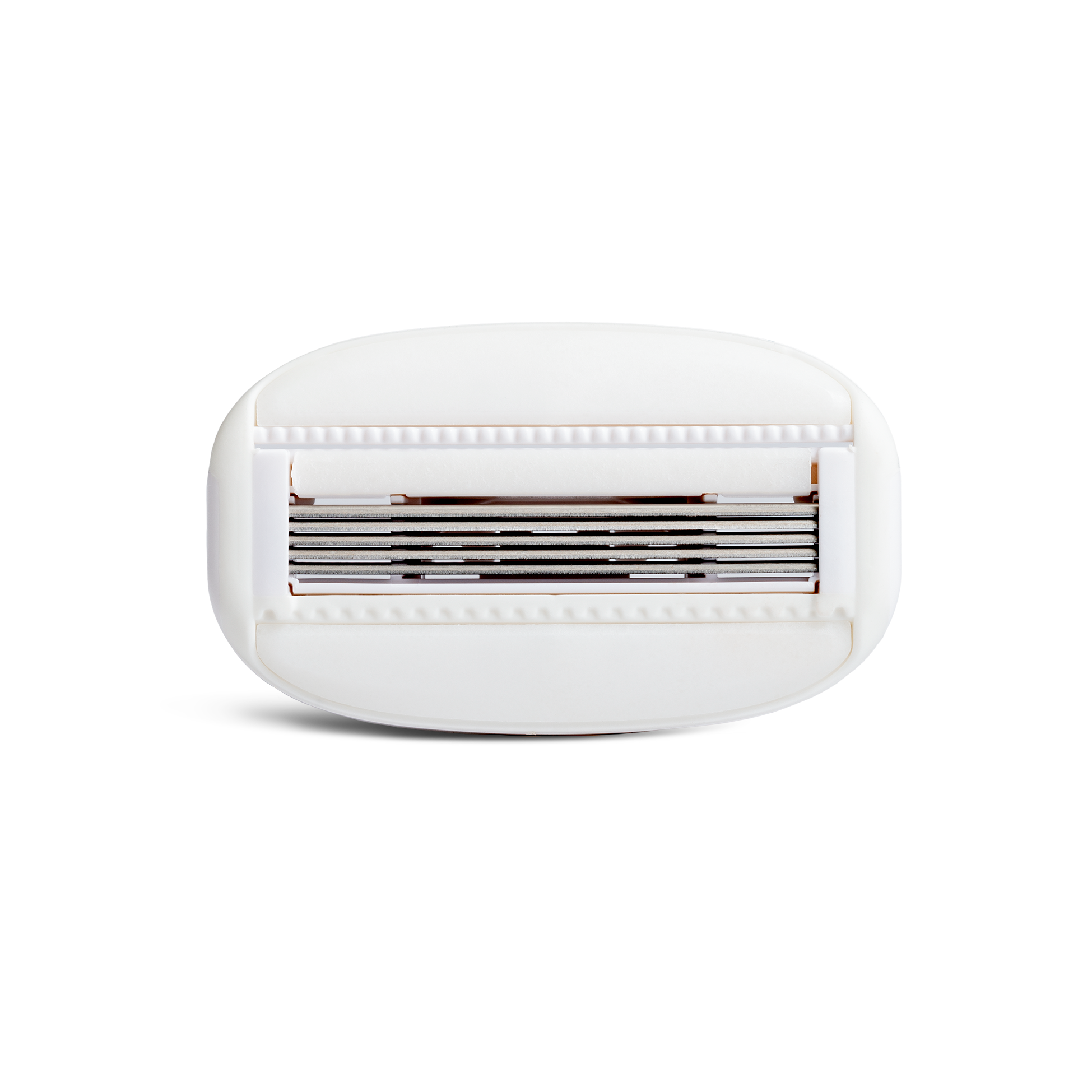 Product photo, razor cartridge detail, face view with moisturizing strips and 5 blades in view.