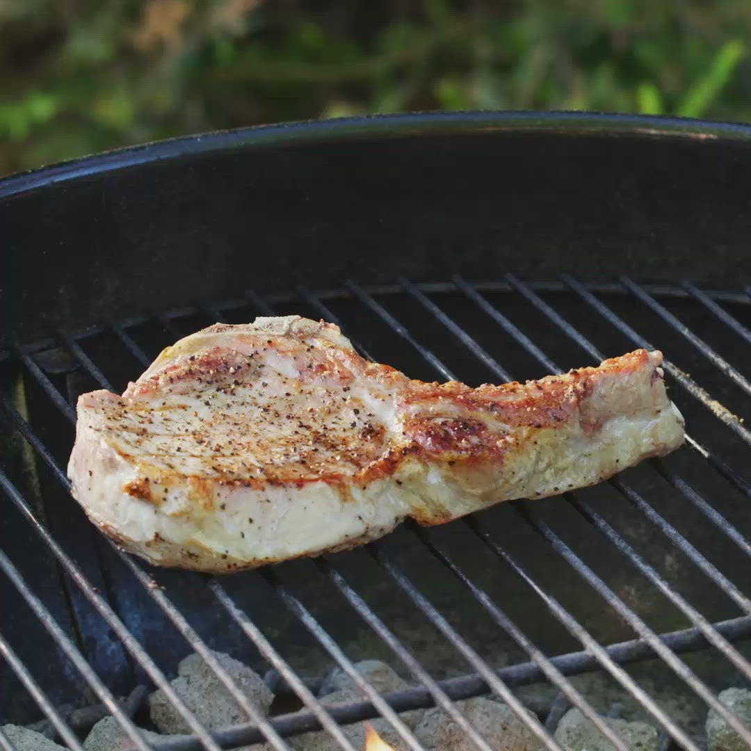 Video, using the grill basting brush to add some barbeque sauce to some meat on a charcoal grill. Grill Basting Brush: stainless steel, silicone bristles, non-slip nylon handle, easy-clean removable head, Brandless. Designed for outdoor grills.