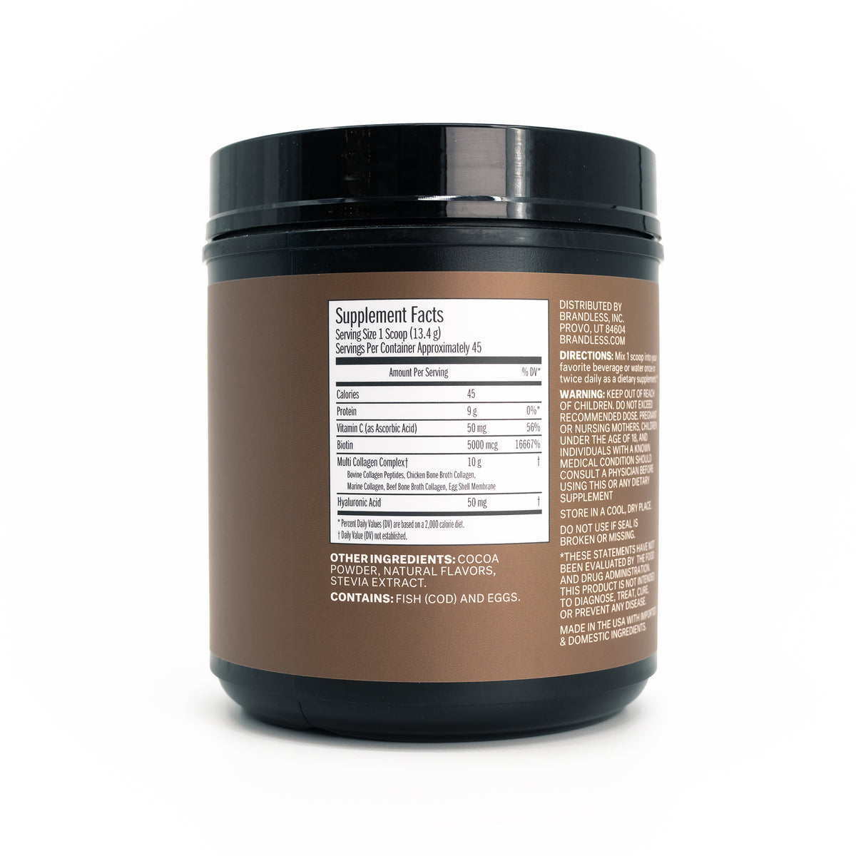 Product photo, back nutrition panel, serving size 1 scoop, 13.4g.  Servings per container approximately 45.  Amounts per serving: Calories: 45, Protein: 9g. Vitamin C (as ascorbic acid): 50mg/56%. Biotin: 5000mg/16667%. Multi-collagen complex: 10g. Hyaluronic acid: 50mg.
