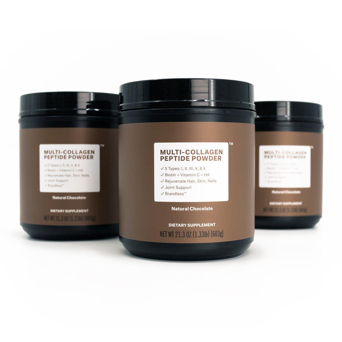 Product photo, front view of three chocolate multi-collagen peptide powder tubs arranged in a triangle.