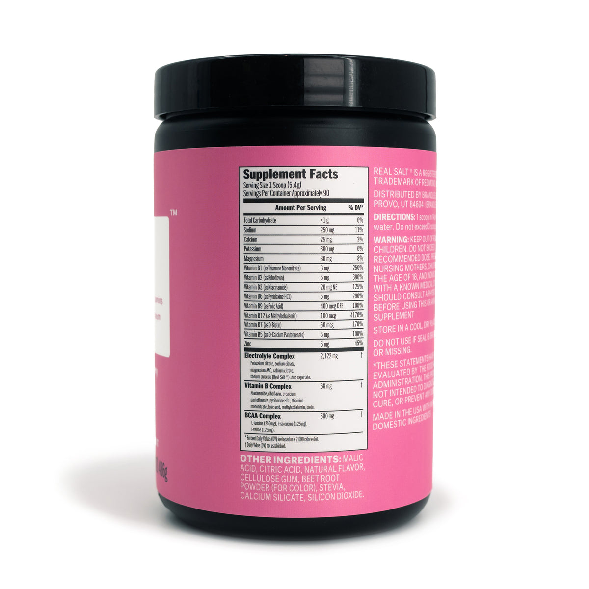 Tub side view.  Supplement Facts: Serving size: 1 scoop (5.4g), Total carbohydrate: &lt;1g 0%, Sodium 250mg, 11%, Calcium 25mg 2%, Potassium 300mg 6%, Magnesium 30 mg 8%, Vitamin B1 3mg 250%, Vitamin B2 5mg 390%