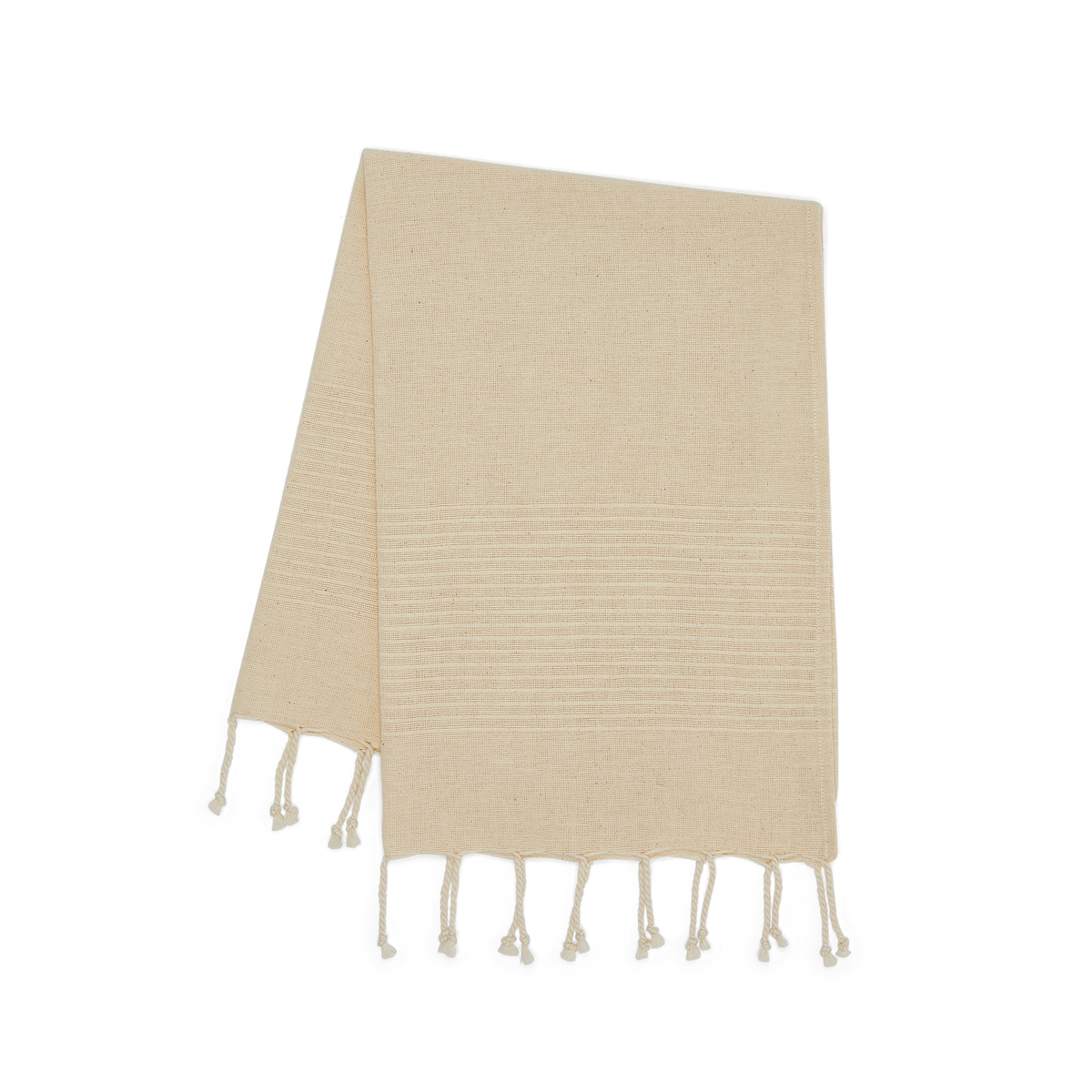 Product photo, showing organic cotton towel in it&#39;s natural color with edge fringing.