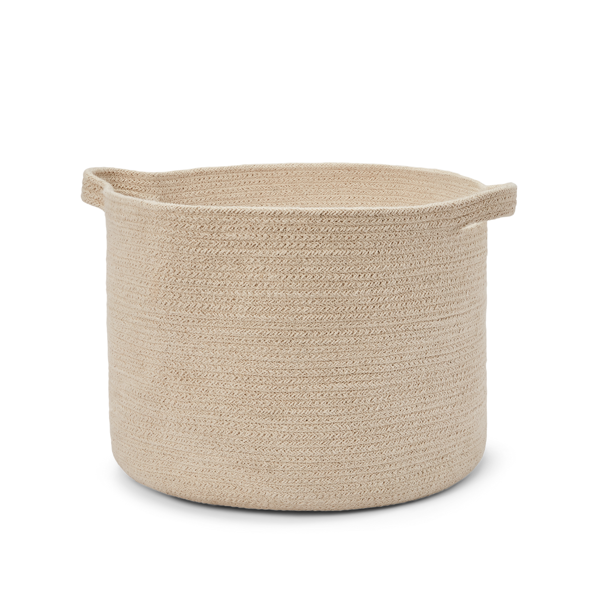 Side view, medium size fern organic cotton basket with handles, in natural cotton color.