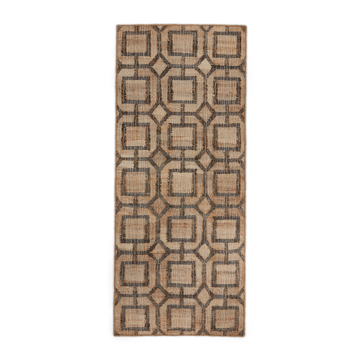 Top view, Fern hand-woven Jute and natural charcoal goemetric patterned runner.