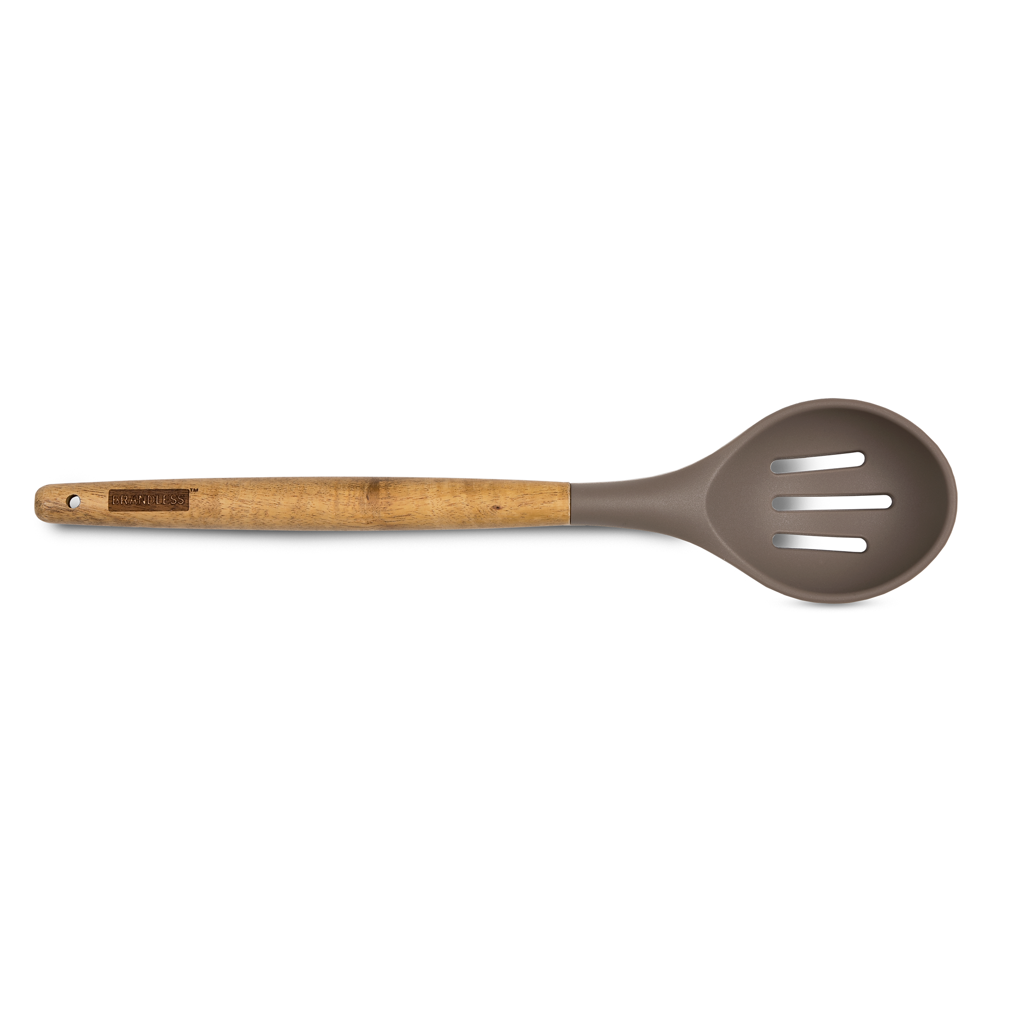 Product photo, silicone slotted serving spoon, top view.