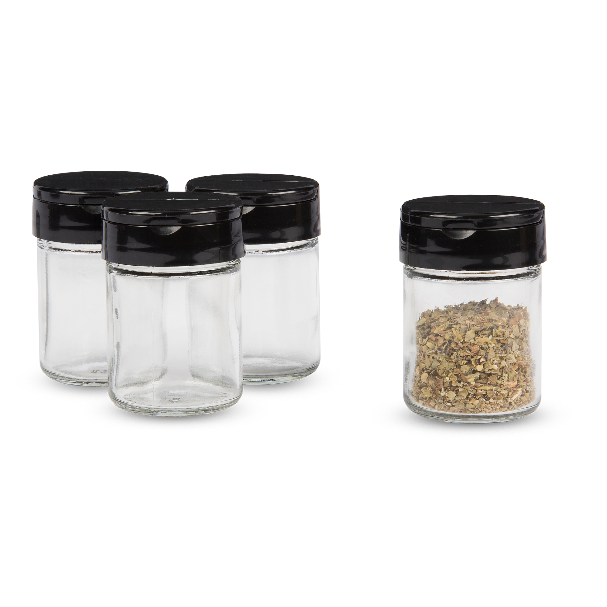 4 glass spice jars with black plastic flip and pour lids. 1 jar has spices in it.