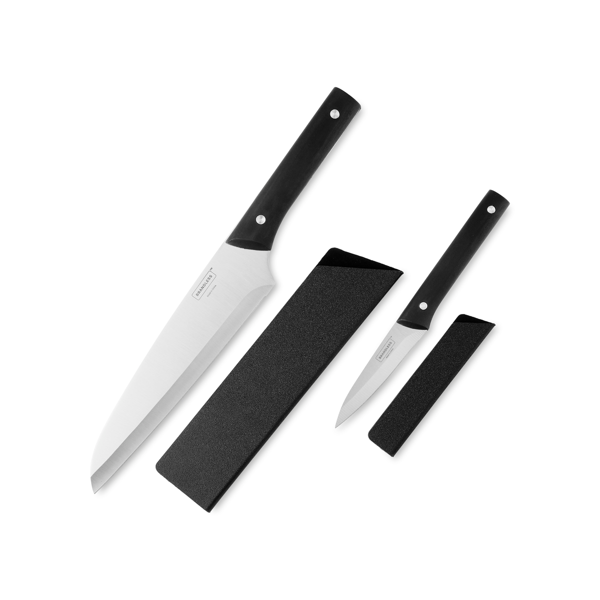 Knife blade covers beside knives overhead view