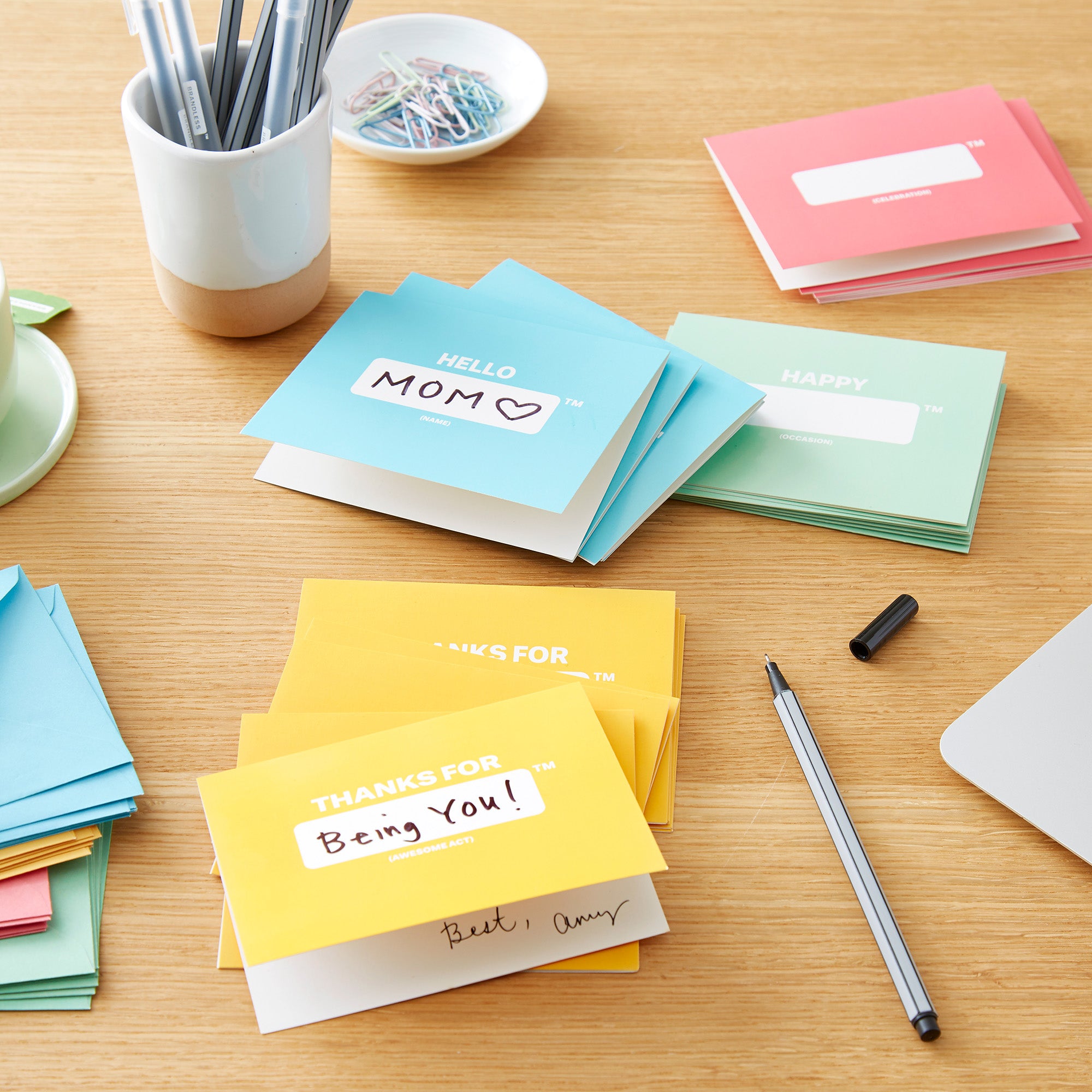 cards with example text shown on desk