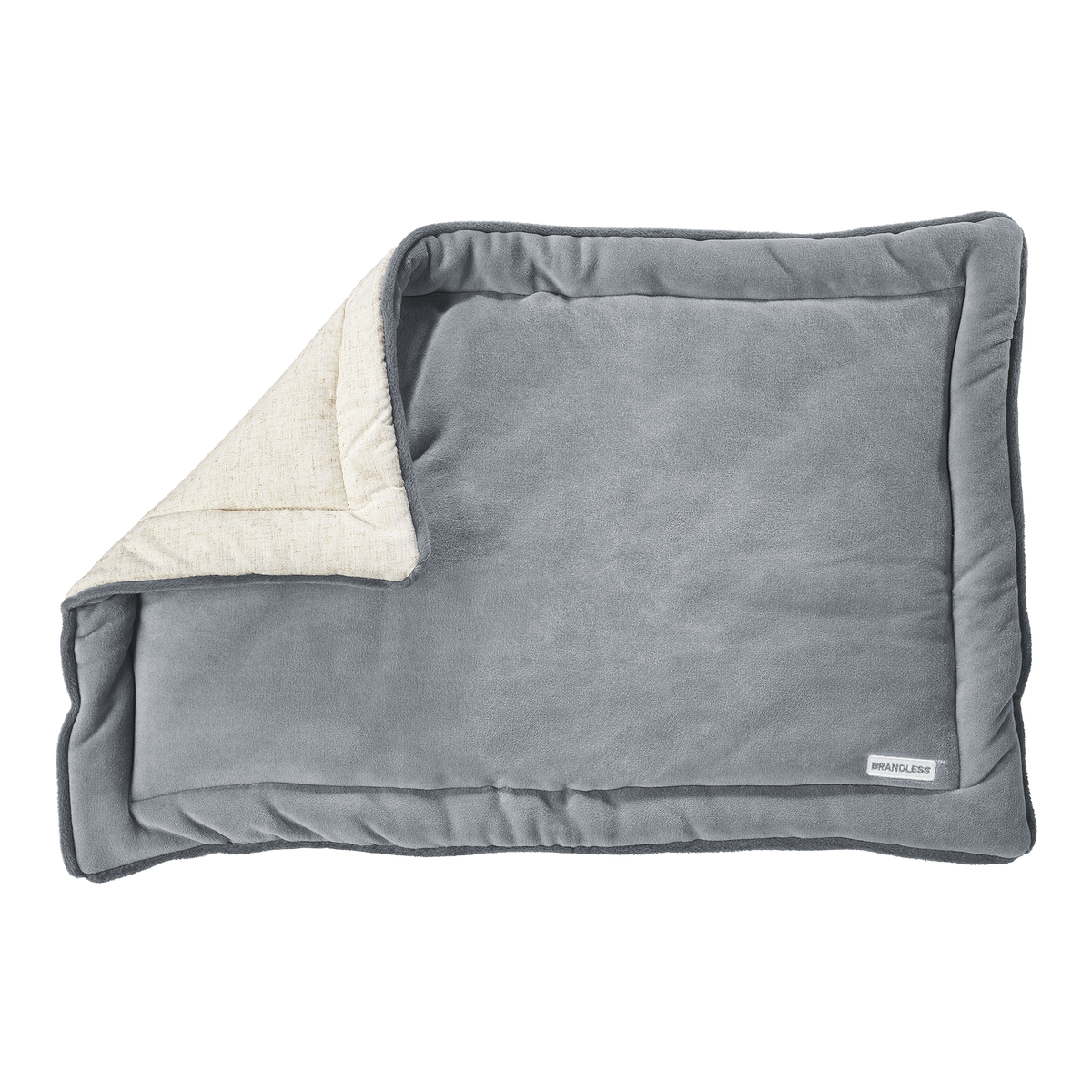 Top view, corner folded up showing the natural cotton colored underside and the gray top of the pet mat.