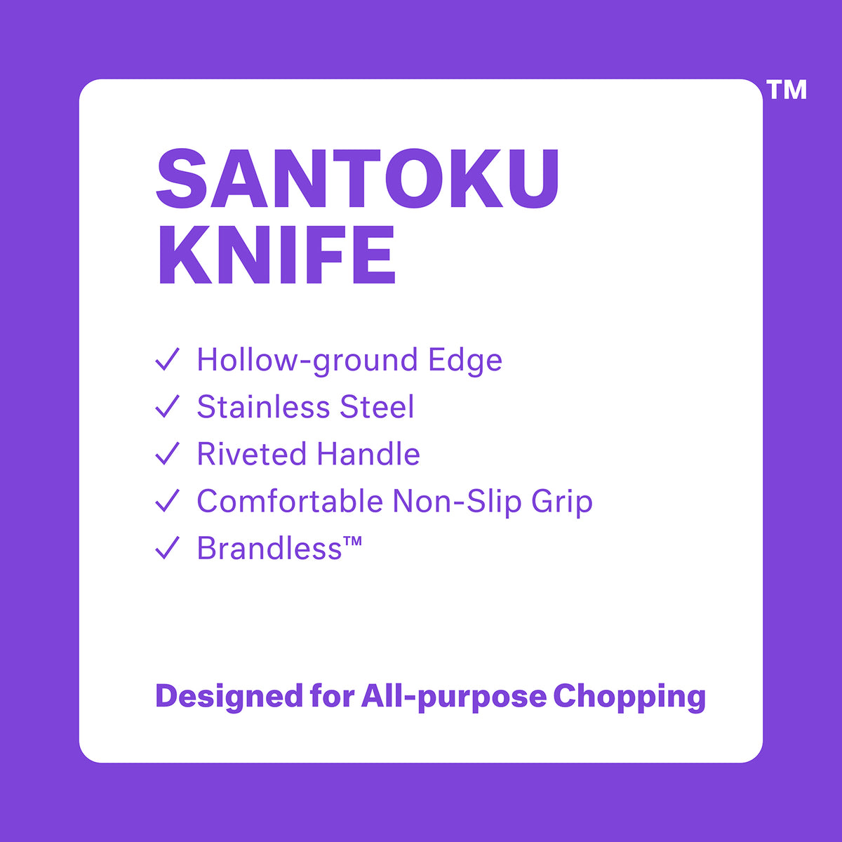Santoku knife. Hollow ground edge, stainless steel, riveted handle, comfortable non-slip grip, brandless.