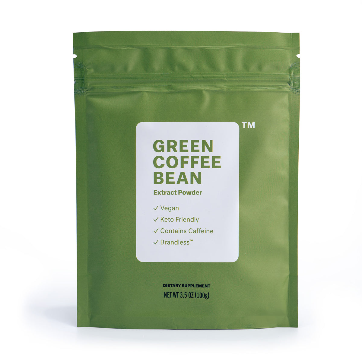 Green Coffee Bean Extract Powder, product photo of bag. Vegan, keto friendly, contains caffeine, brandless. Dietary supplement, net. wt. 3.5oz (100g).
