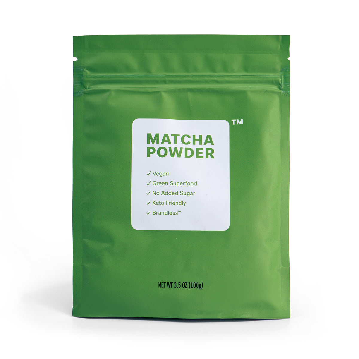 Matcha powder. Product photo of bag. Vegan, Green Superfood, No Added Sugar, Keto Friendly, Brandless. Net weight 3.5oz (100g).