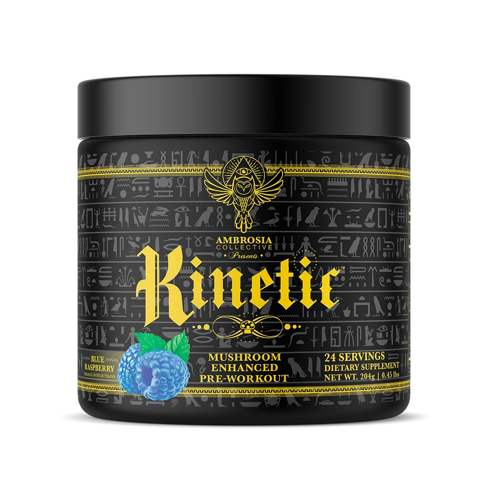 Blue Raspberry Kinetic. Mushroom enhanced pre-workout. 24 servings. Dietary Supplement. Net weight 204g, 0.45 lbs.