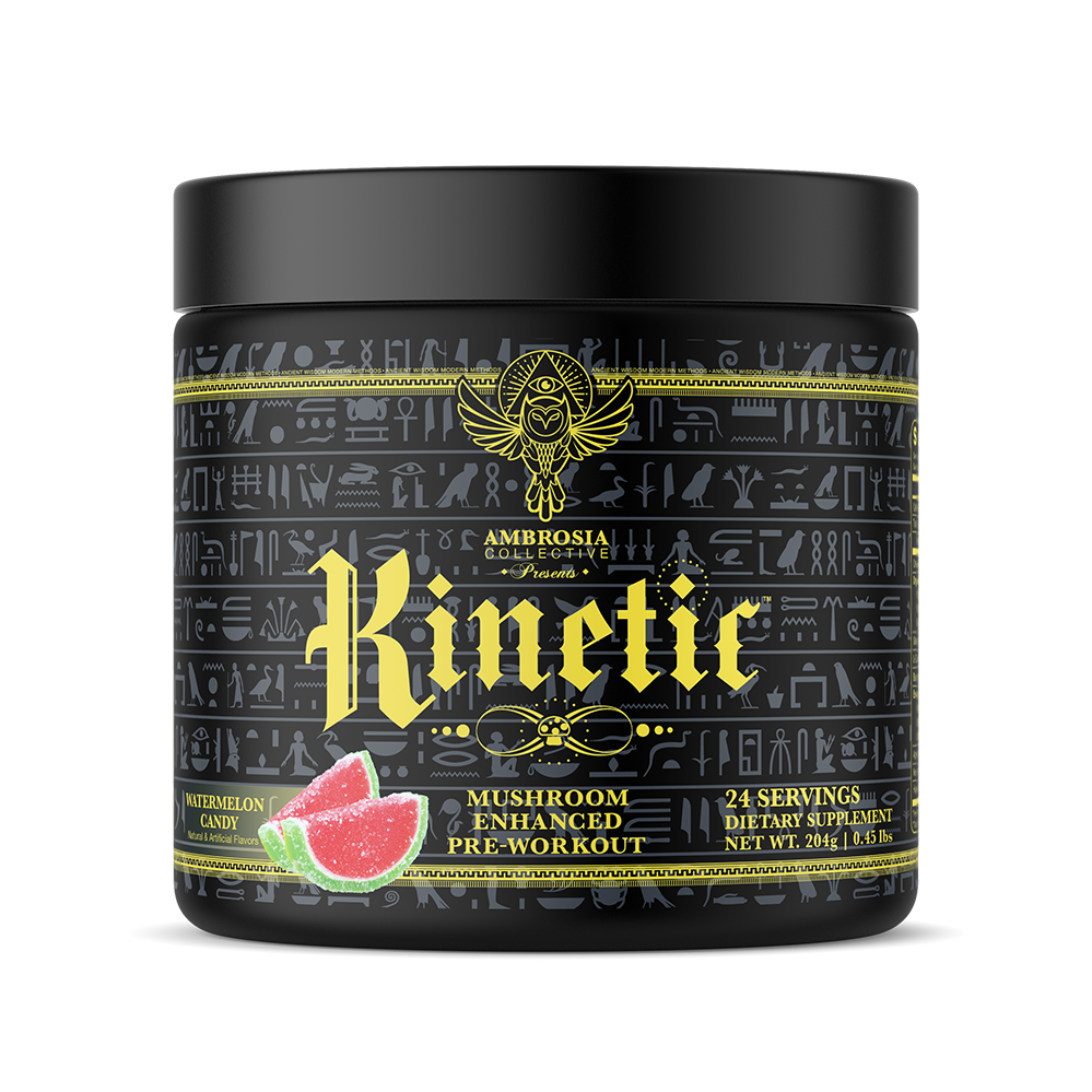 Watermelon Candy Kinetic. Mushroom enhanced pre-workout. 24 servings. Dietary Supplement. Net weight 204g, 0.45 lbs.