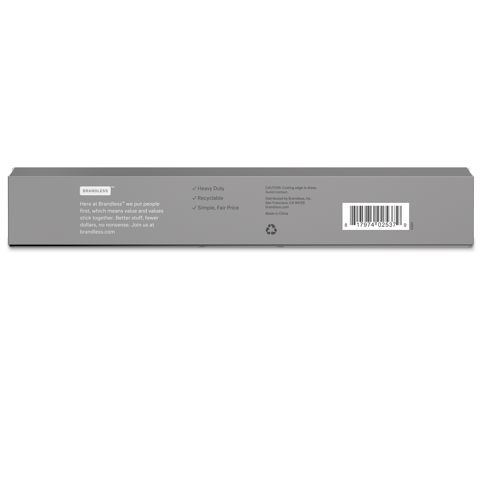 Product photo, back of box showing the attributes of brandless aluminum foil: heavy duty, recyclable, simple fair price.