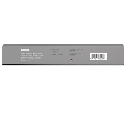 Product photo, back of box showing the attributes of brandless aluminum foil: heavy duty, recyclable, simple fair price.