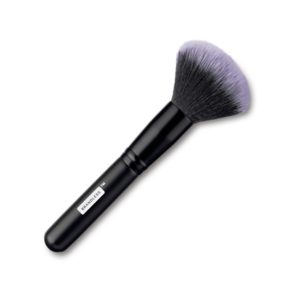 Front view, vegan powder brush with black wood handle. Brandless.