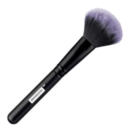 Front view, vegan blush brush with black wood handle. Brandless.