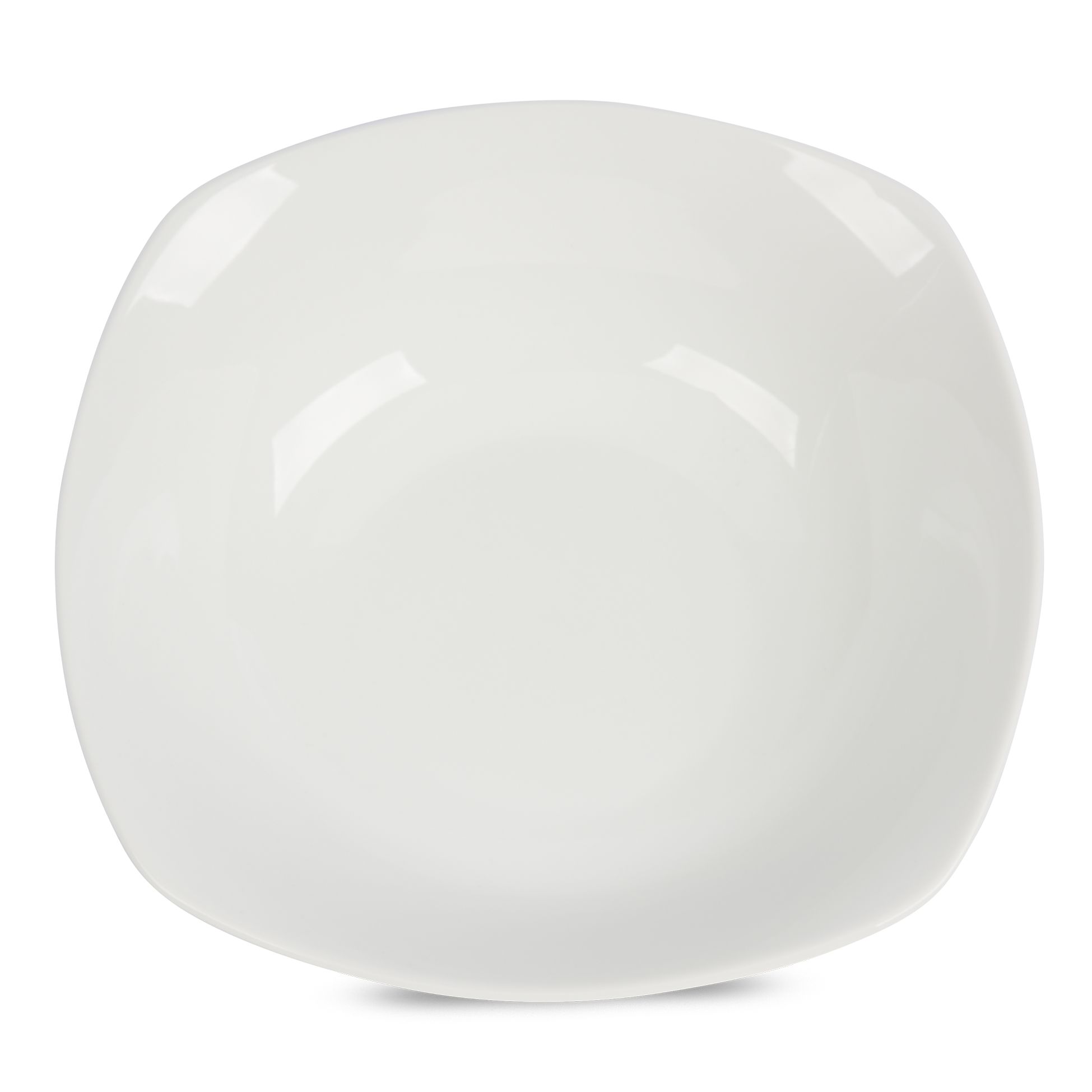 Top view, white porcelain serving bowl, with square-ish overall shape to maintain large capacity without becoming unweildy on the table.