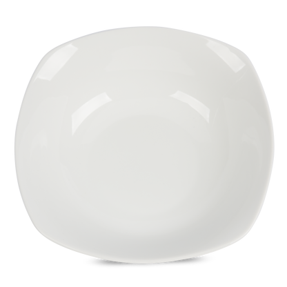 Top view, white porcelain serving bowl, with square-ish overall shape to maintain large capacity without becoming unweildy on the table.