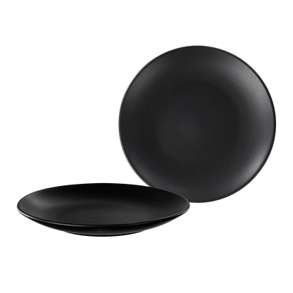 Product photo, black stonware salad plate flat and one upright showing the size and rim curvature of the plates.