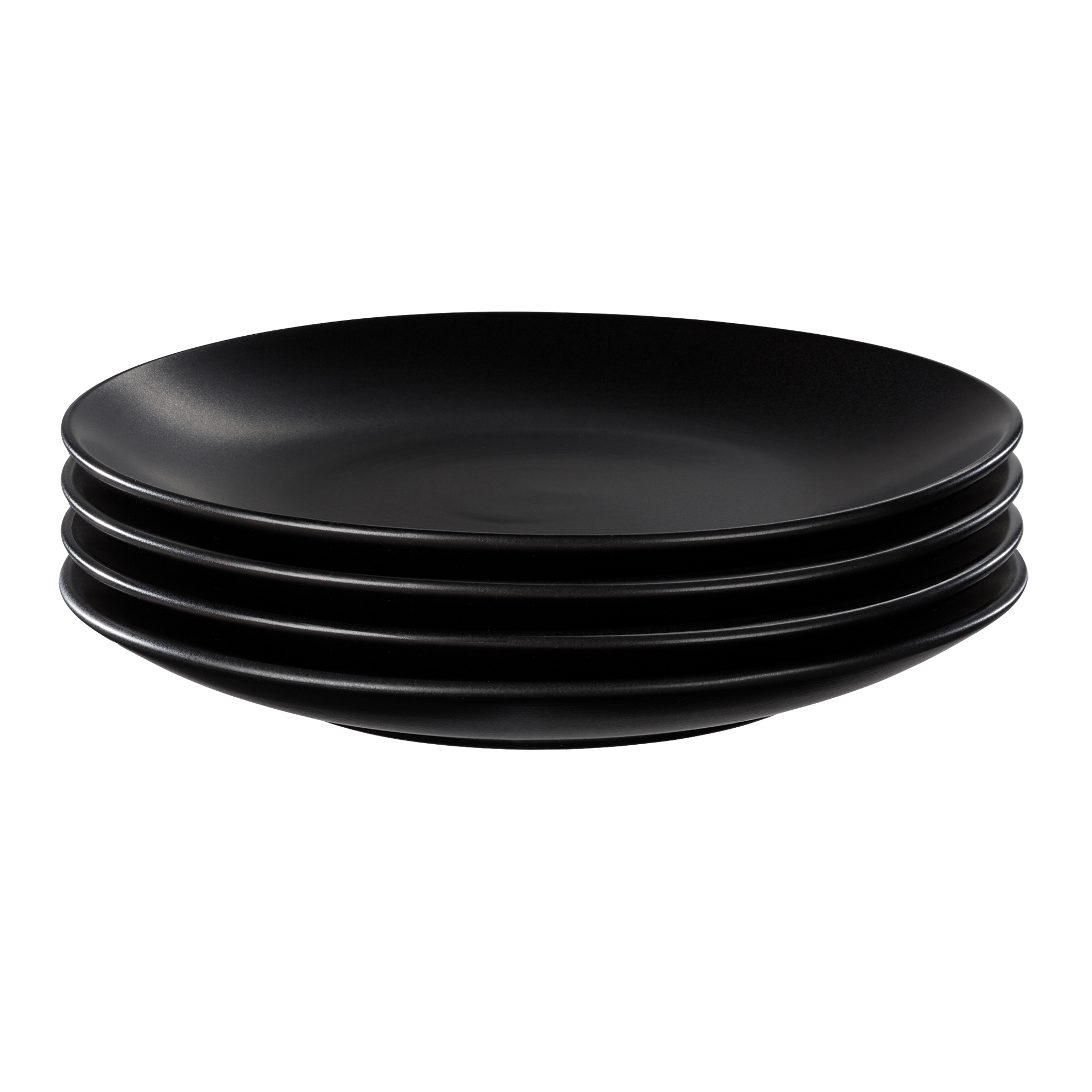 Product photo, a set of 4 stacked black stoneware salad plates.