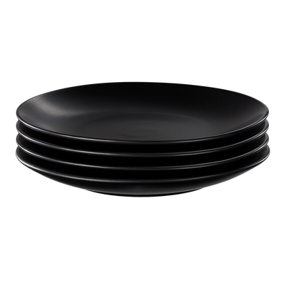Product photo, a set of 4 stacked black stoneware salad plates.