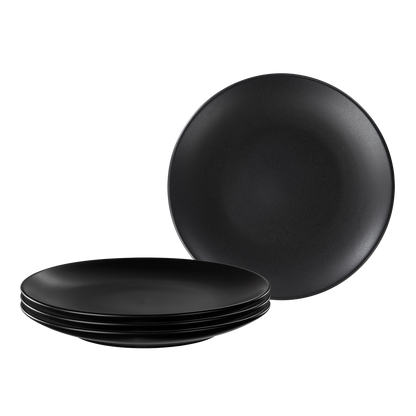 Product photo, three stacked black stoneware salad plates and one upright salad plate showing the size and rim curvature of the plates.