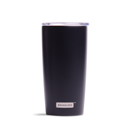 Stainless steel tumbler, black, with brandless logo, clear sipping lid.