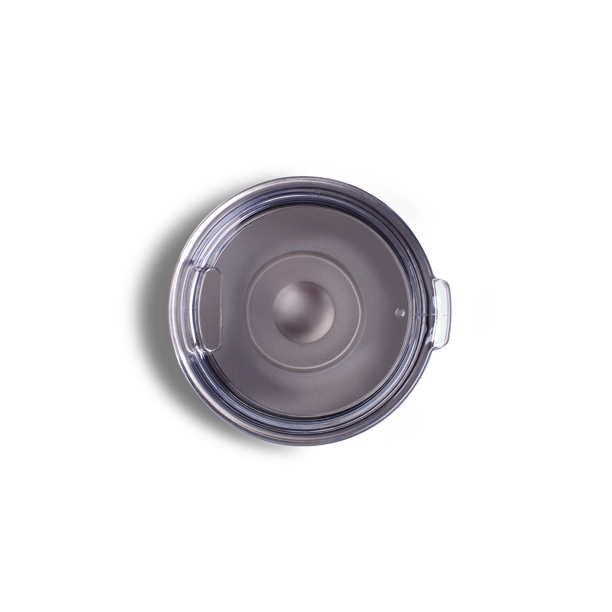 Top view, tumbler with clear acrylic sipping lid, showing vent hole and sipping opening wide enough for straws.