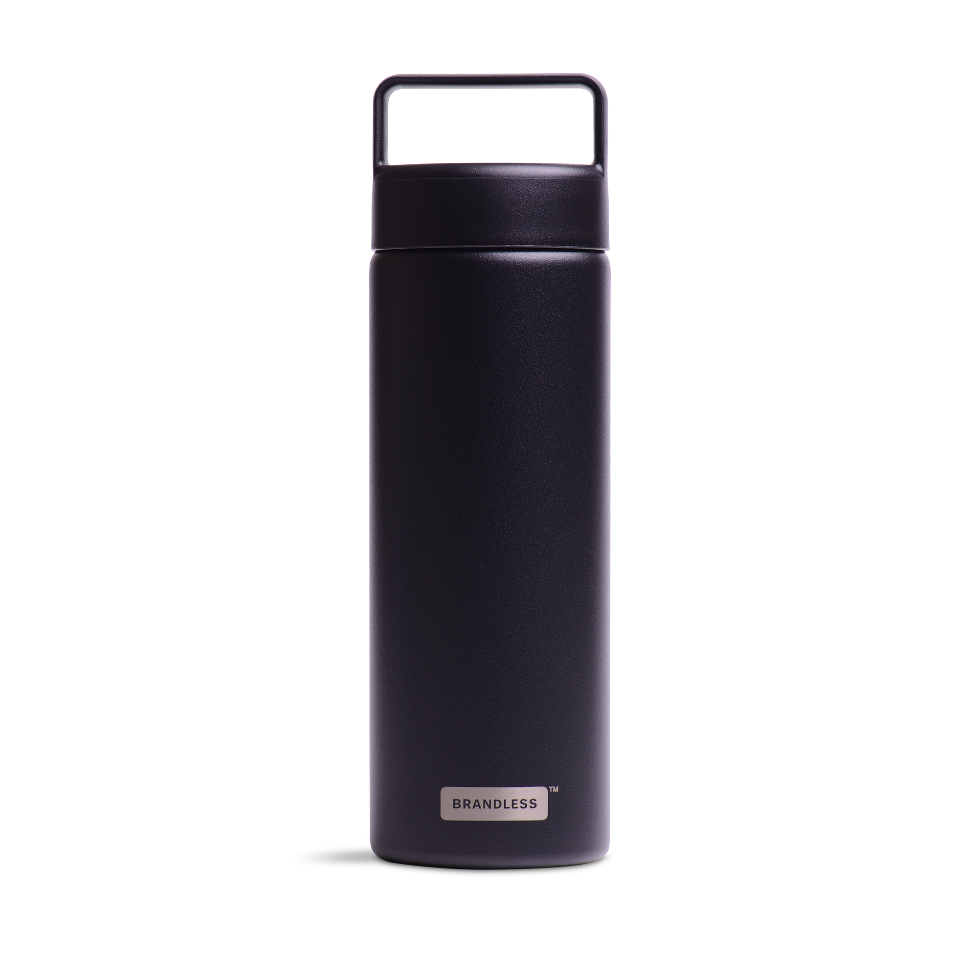 Front view, brandless stainless steel water bottle with screw lid in black.