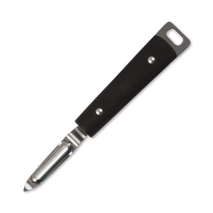Front view, vegetable peeler, showing riveted handle, double-sided blade