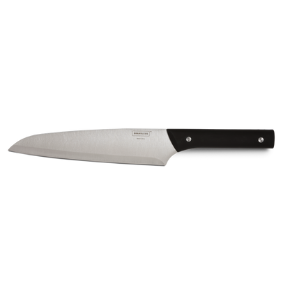 Product photo, 8 inch chef's knife with black riveted handle.