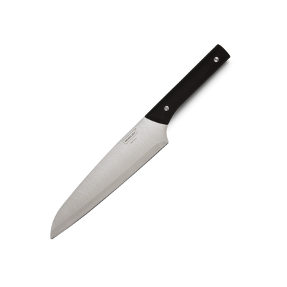 Product photo, 8 inch chef's knife with black riveted handle.