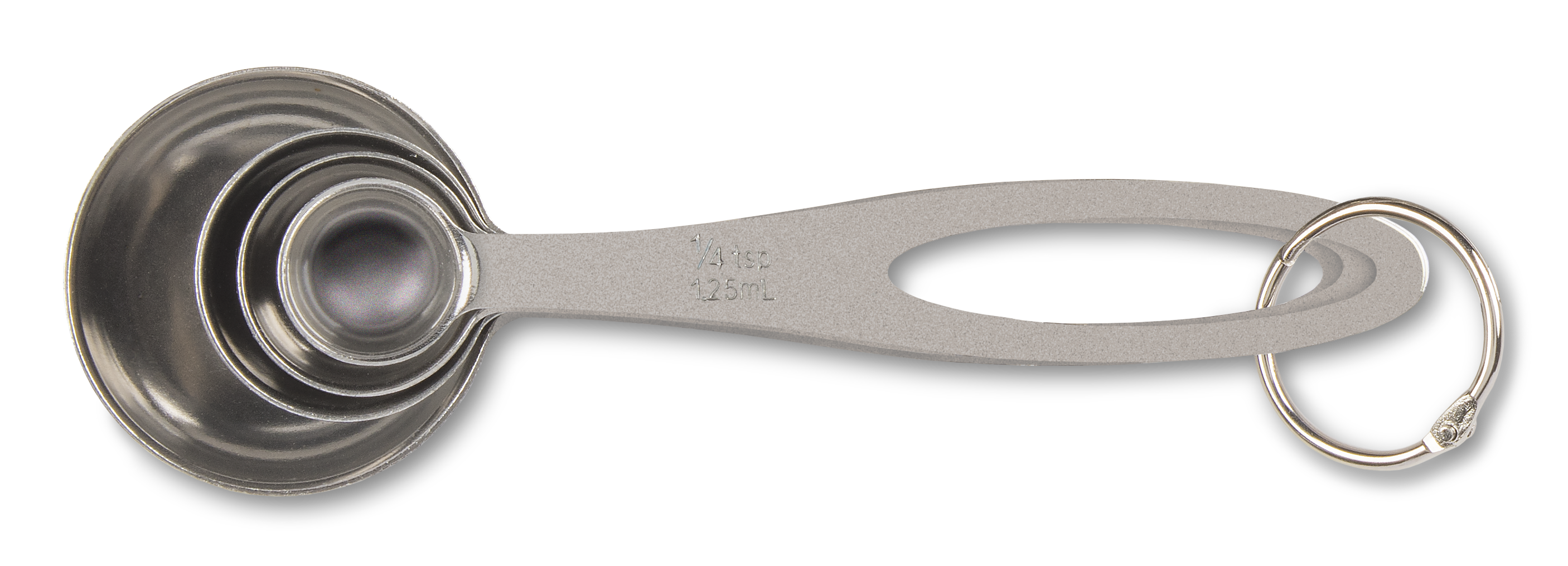 Top view showing the four measuring spoon sizes nesting inside each other for small and efficient storage.