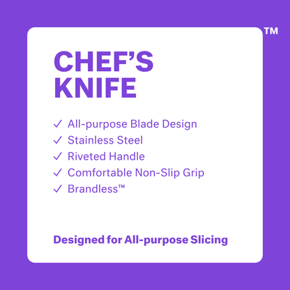 Chef's Knife. All-purpose Blade Design. Stainless steel. Riveted handle. Comfortable non-slip grip. Brandless. Designed for all-purpose slicing.