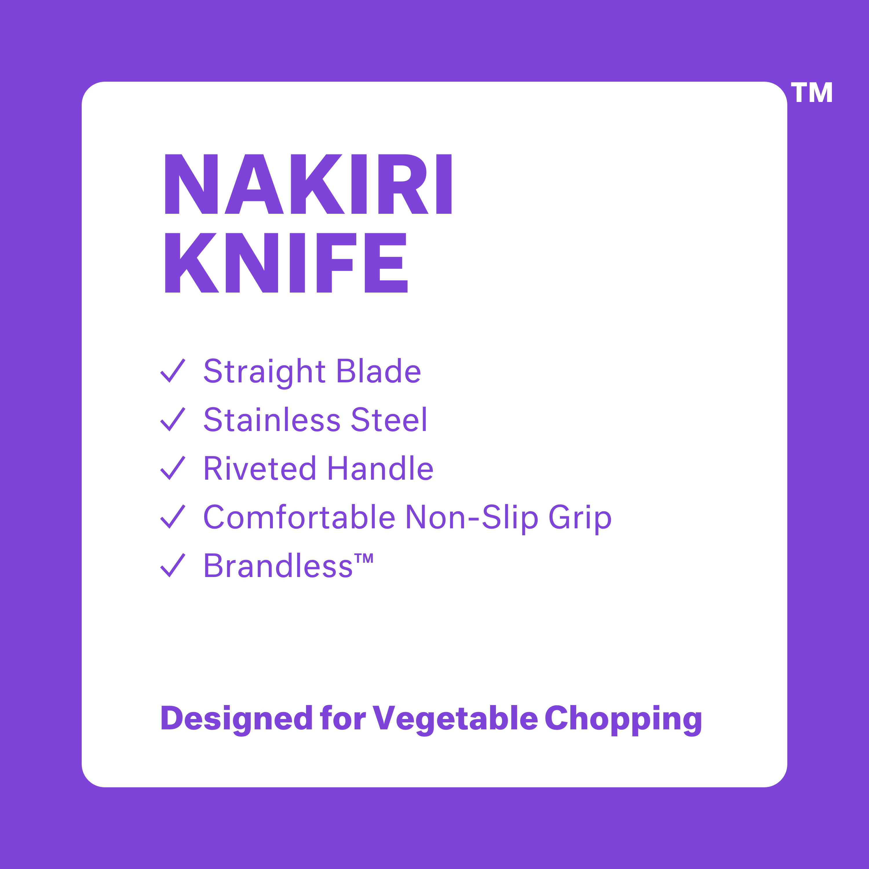 Nakiri Knife. Straight blade. Stainless steel. Riveted handle. Comfortable non-slip grip. Brandless. Designed for vegetable chopping.