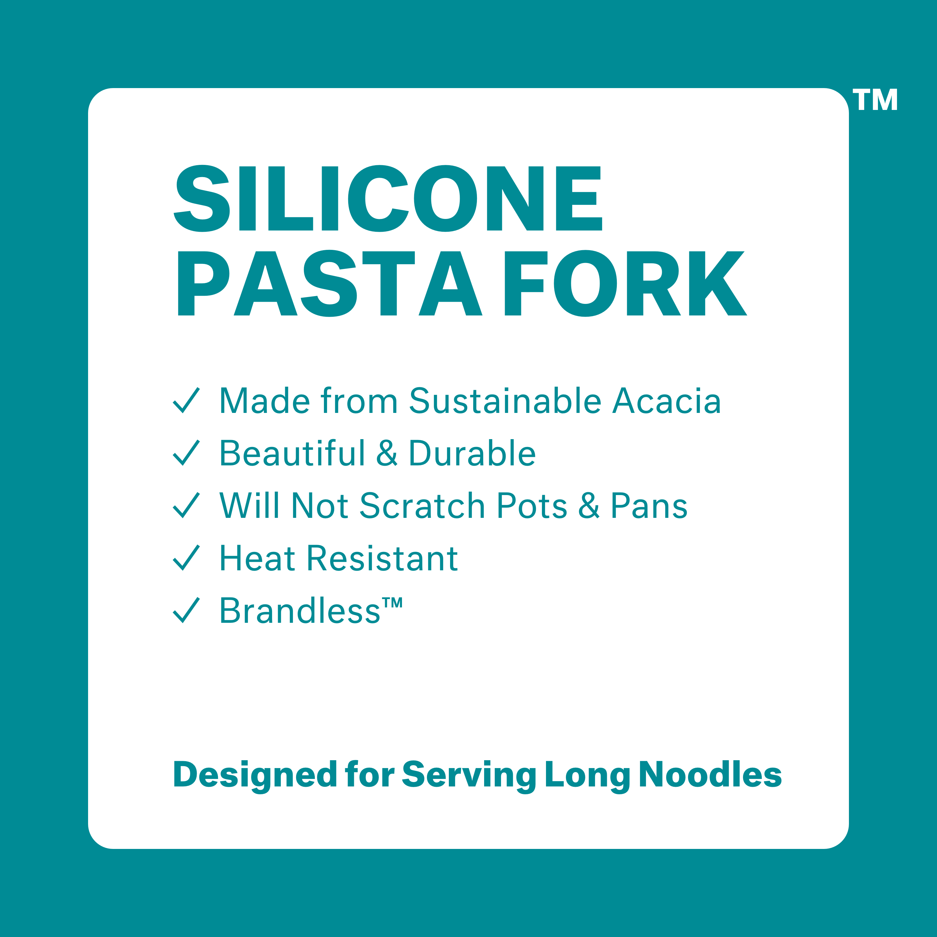 Silicone pasta fork: made from sustainable acacia, beautiul & durable, will not scratch pots & pans, heat resistant, brandless. Designed for serving long noodles.
