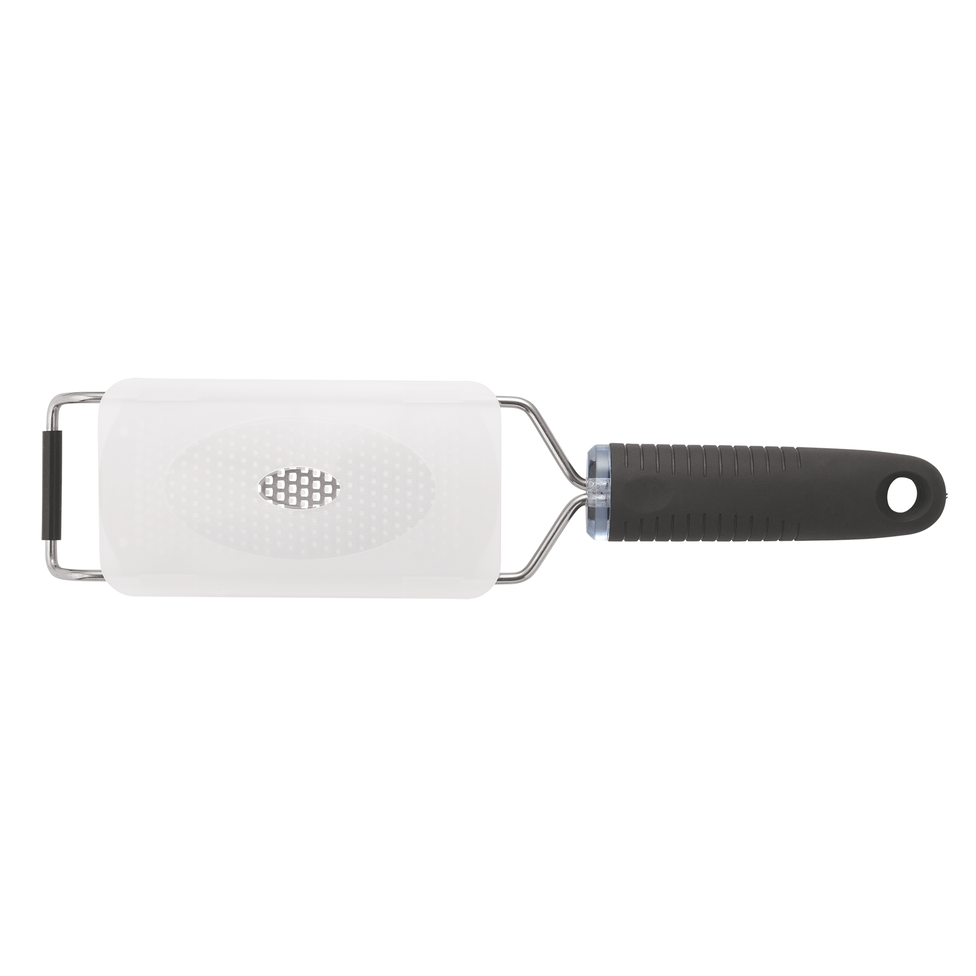 Cheese grater shown with it's white plastic clip-on blade guard which makes storage in drawers easy and safe for both your fingers and keeping the blades sharp.