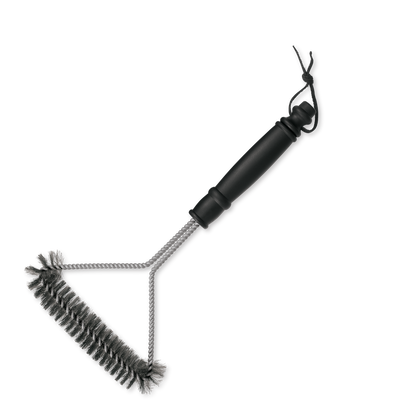 Grill Brush. Stainless steel. Non-slip nylon handle. 6.5" wide for fast cleaning. Grillside hanging strap. Brandless. Designed for outdoor grills.