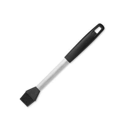 Grill Basting Brush: stainless steel, silicone bristles, non-slip nylon handle, easy-clean removable head, Brandless. Designed for outdoor grills.