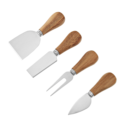 Product photo, detail of the 4 differently shaped knives in the acacia cheese knife set, each designed for slicing and serving different textured cheeses.