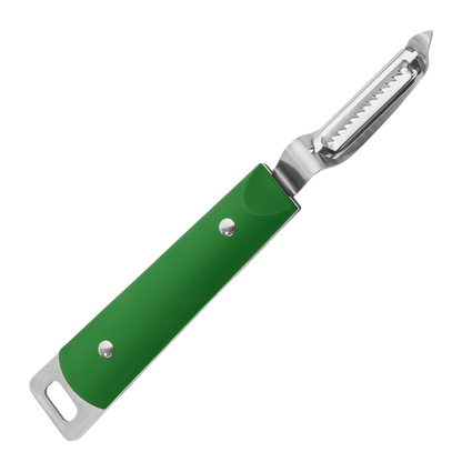 Julienne Peeler: stainless steel, 12 free-pivoting blades, non-slip grip, built-in potato eye remover. Brandless. Designed for kitchen. Green handle.