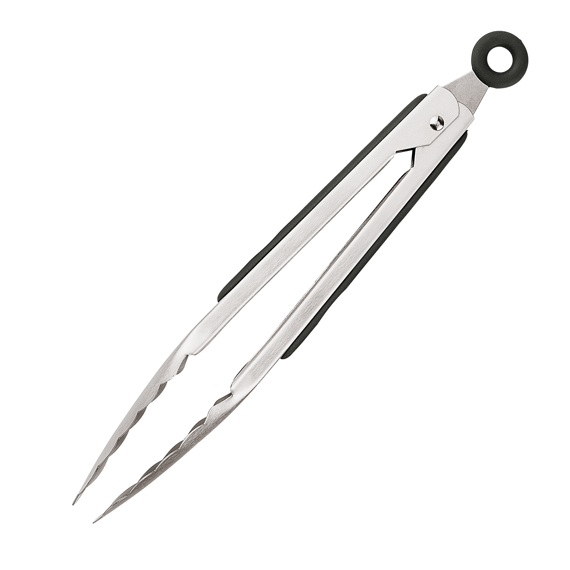 Product photo, side view, 9 inch stainless steel tongs, in closed and locked position.