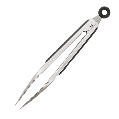 Product photo, side view, 9 inch stainless steel tongs, in closed and locked position.